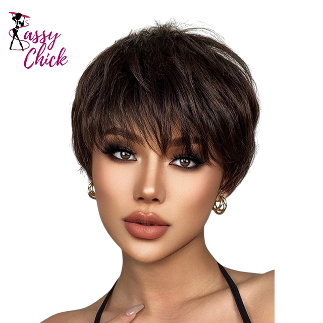Synthetic Short Pixie Cut Bang Bob Layered Straight Wigs Sassy Chick Logo