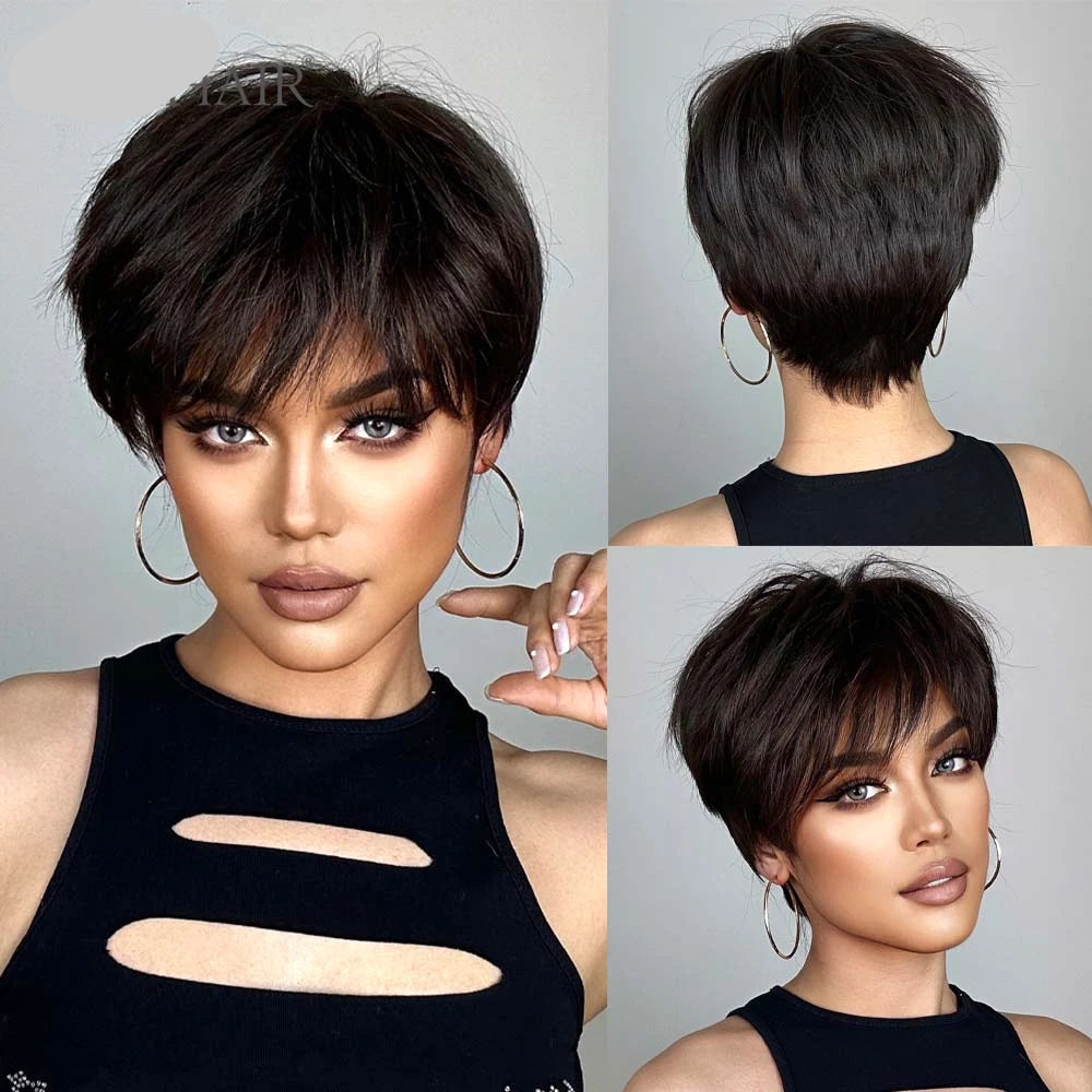 Black Synthetic Short Pixie Cut Bang Bob Layered Straight Wigs