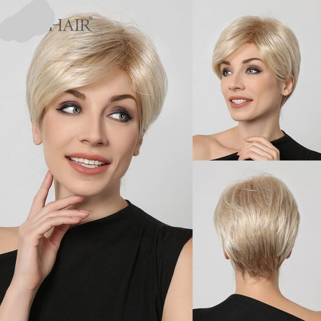 Blonde Synthetic Short Pixie Cut Bang Bob Layered Straight Wigs