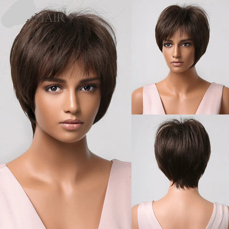 Brown Synthetic Short Pixie Cut Bang Bob Layered Straight Wigs