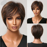 Highlight Brown Synthetic Short Pixie Cut Bang Bob Layered Straight Wigs
