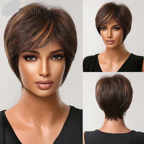 Highlight Brown Synthetic Short Pixie Cut Bang Bob Layered Straight Wigs