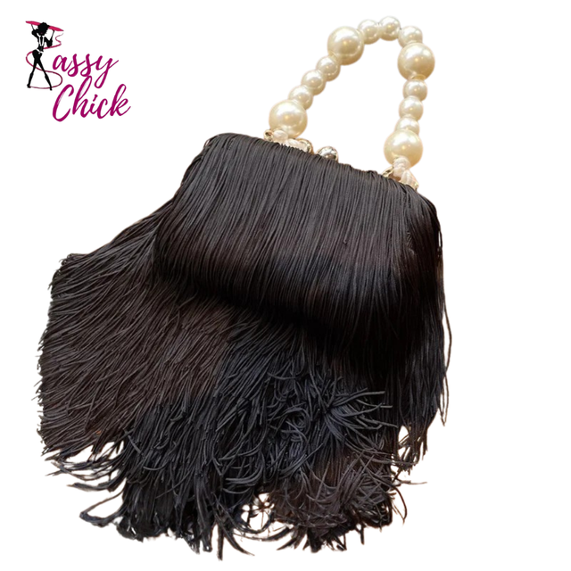 Tassel Small Square Pearl Chain Evening Handbag Sassy Chick Logo