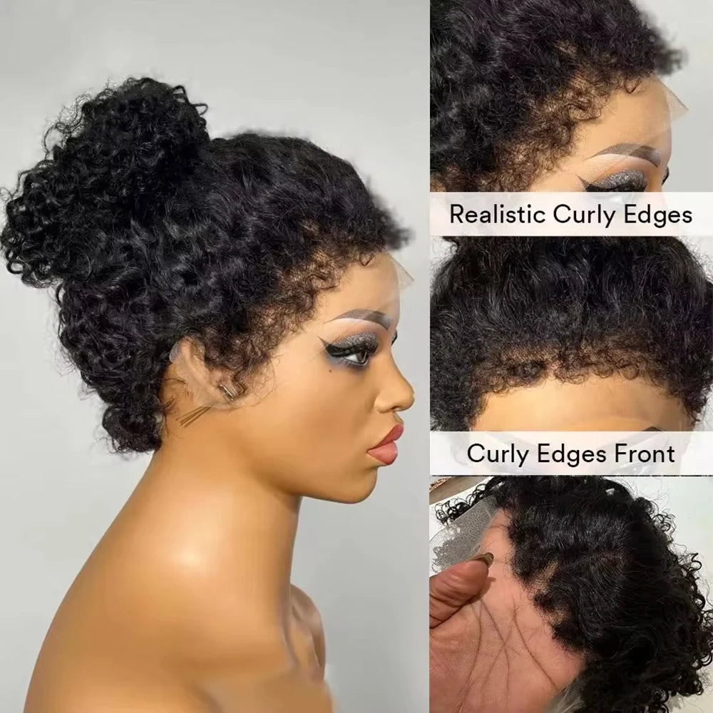 Transparent Short Bob Kinky Curly Human Hair Wig Natural Hairline 