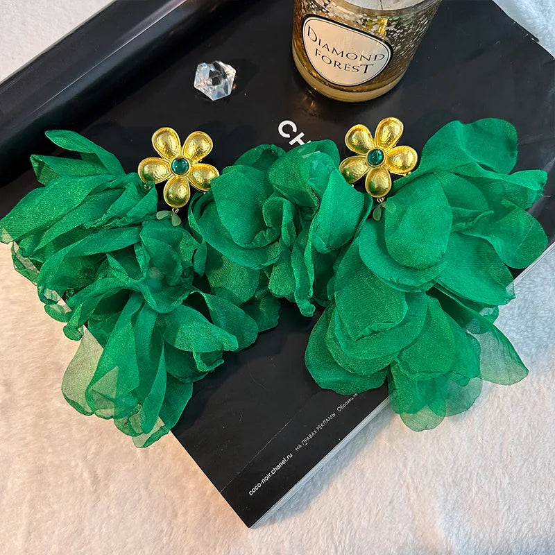 Green Trendy Leaves Tassels Big Flower Dangle Earrings
