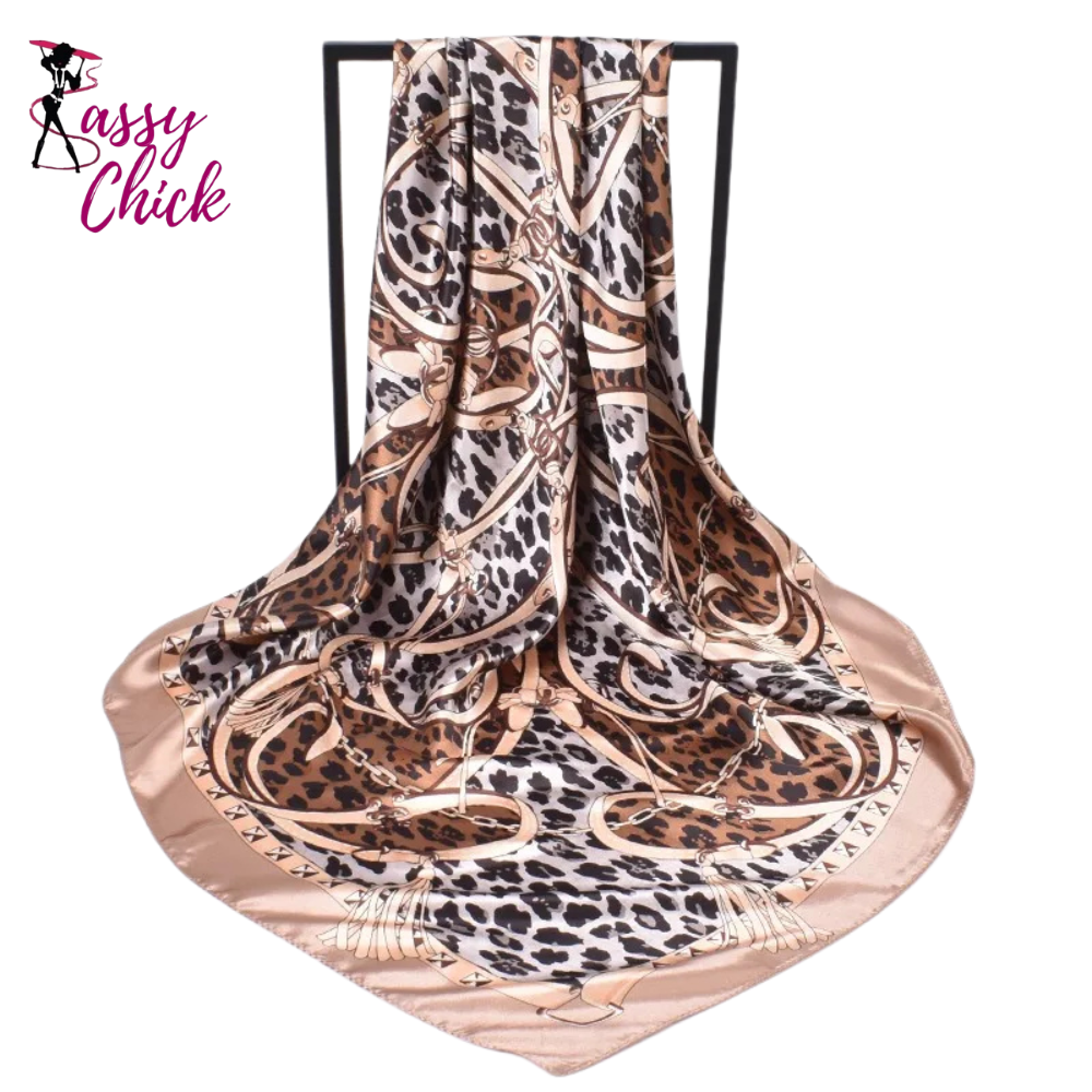 Trendy Leopard Silk 90cm Chain Colored Square Scarf Sassy Chick Logo