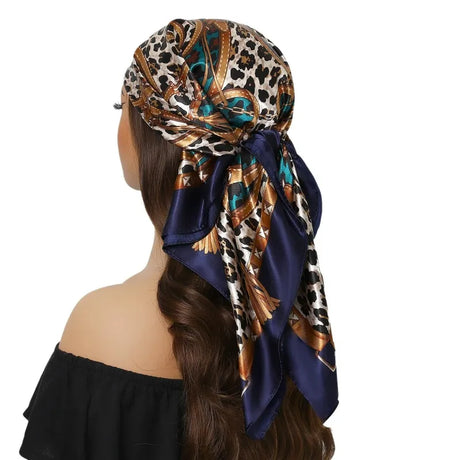 Blue Green Trendy Leopard Silk 90cm Chain Colored Square Scarf