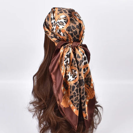Brown Trendy Leopard Silk 90cm Chain Colored Square Scarf