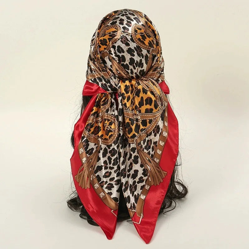 Brown Red Trendy Leopard Silk 90cm Chain Colored Square Scarf