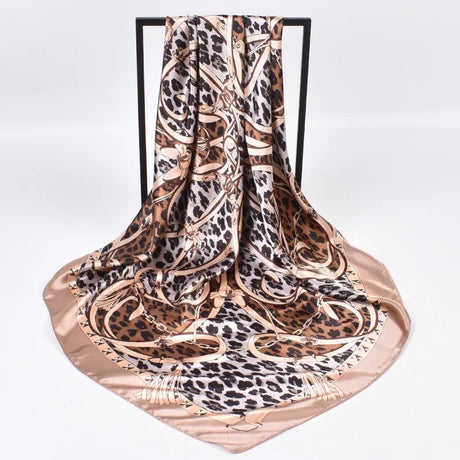 Beige Trendy Leopard Silk 90cm Chain Colored Square Scarf