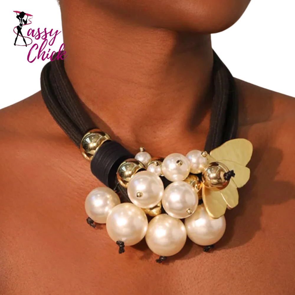 Trendy Statement Pearls & Butterfly Pendant Necklace Sassy Chick Logo
