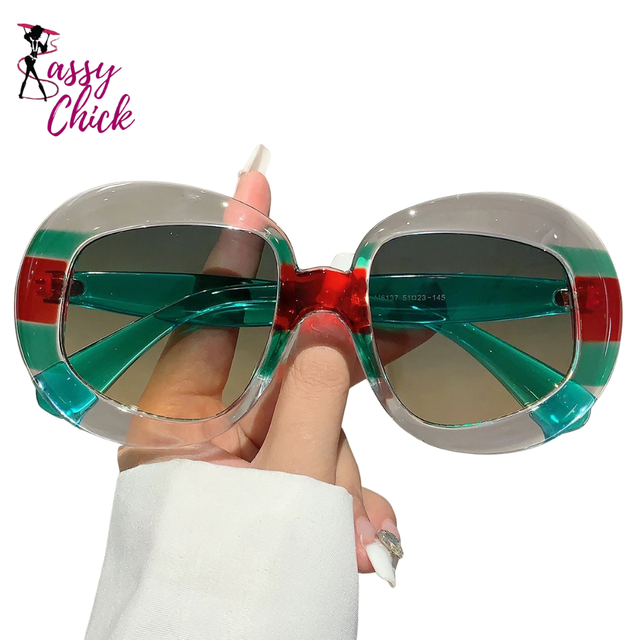 Trendy Stylish Gradient Oversized Sunglasses Sassy Chick Logo
