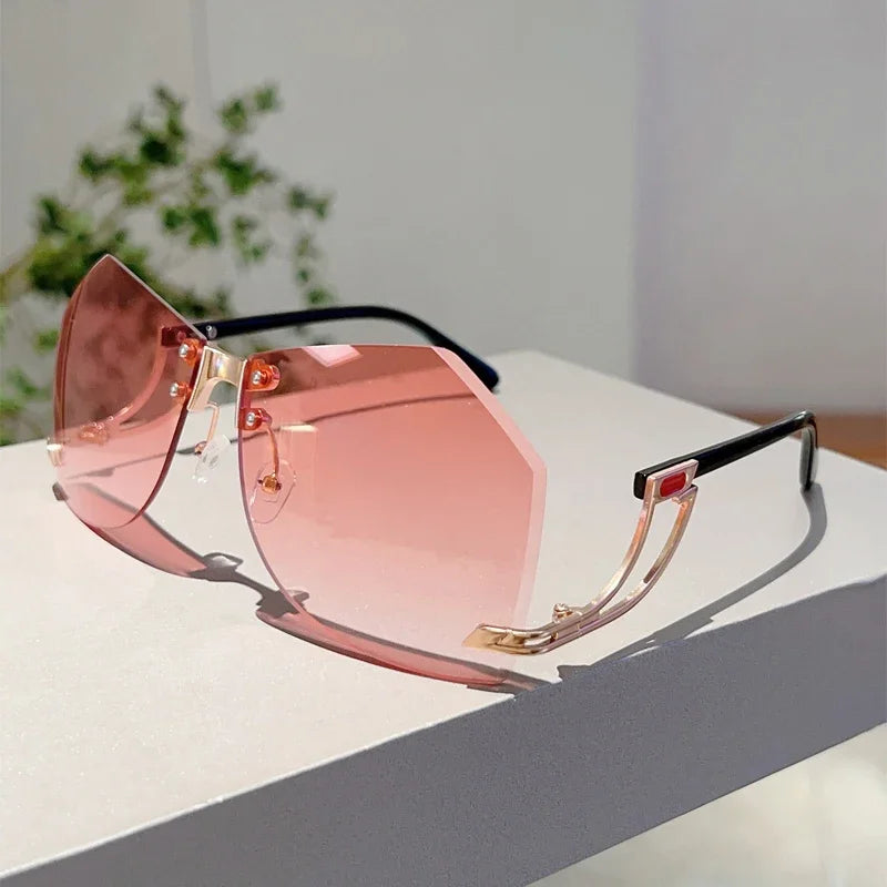 Pink Trendy Stylish Rimless Irregular Gradient Ocean Sunglasses