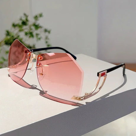 Pink Trendy Stylish Rimless Irregular Gradient Ocean Sunglasses