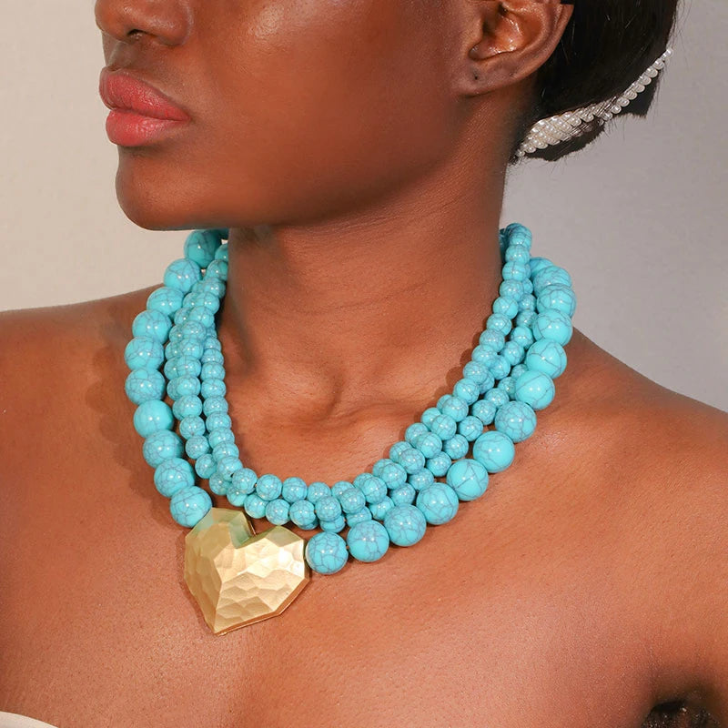 Model using Trendy Vintage with Geometry Pendant Beads Necklace