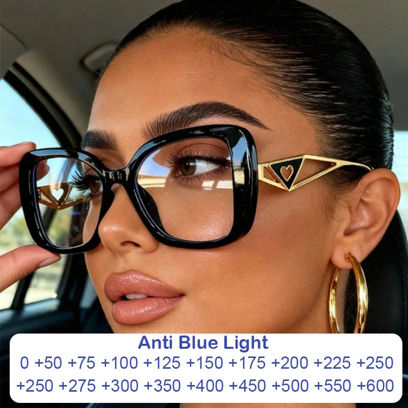 Model Using Triangle Heart Temple Eyeglasses Blue Light Blocking