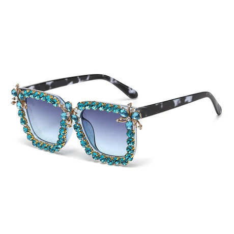 Blue Unique Large Diamond Luxury Rhinestone Sunglasses