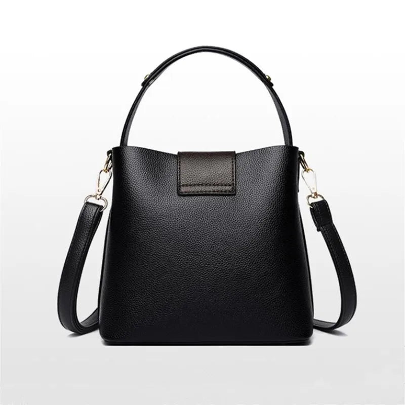 Back of black Versatile Leather Bucket Tote Bag