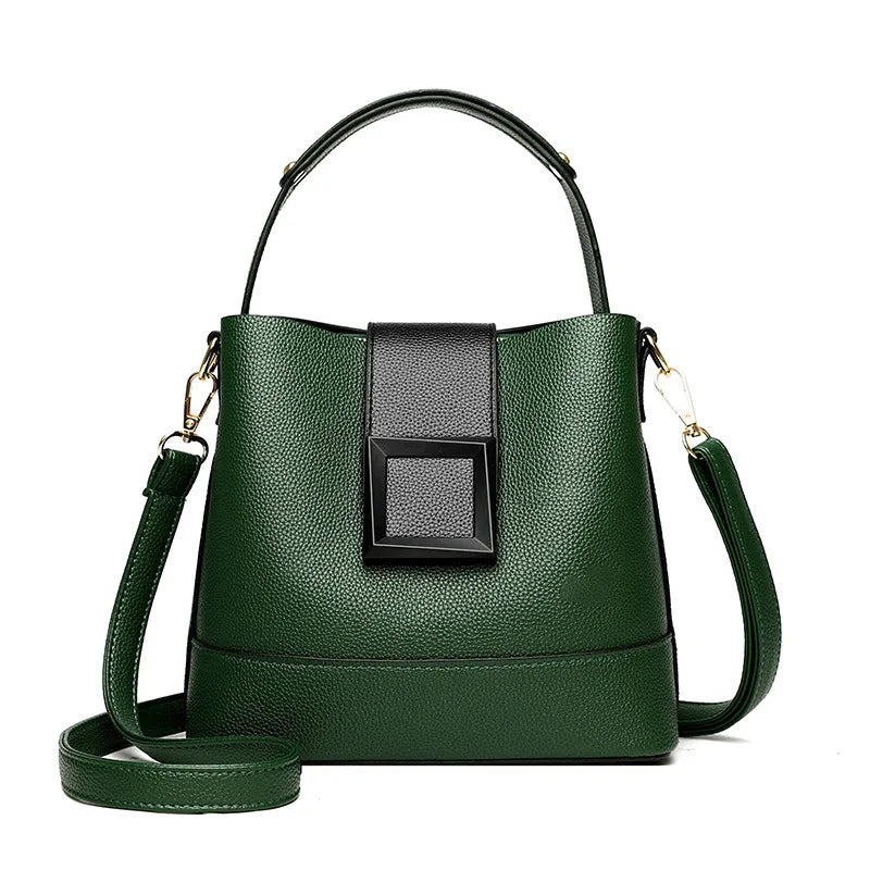 Green Versatile Leather Bucket Tote Bag