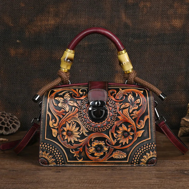 Wine red Vintage 3D Floral Pattern Leather Bag