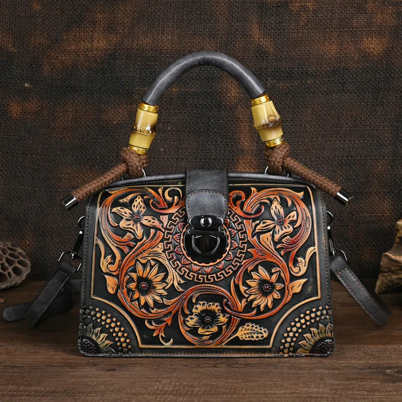 Black Vintage 3D Floral Pattern Leather Bag