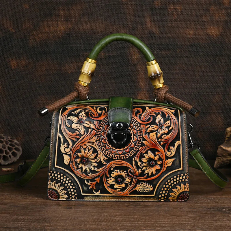 Green Vintage 3D Floral Pattern Leather Bag