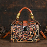 Brown Vintage 3D Floral Pattern Leather Bag