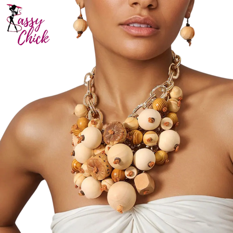 Vintage Beach Statement Handmade Wood Beads & Chains Necklace Sassy Chick Logo