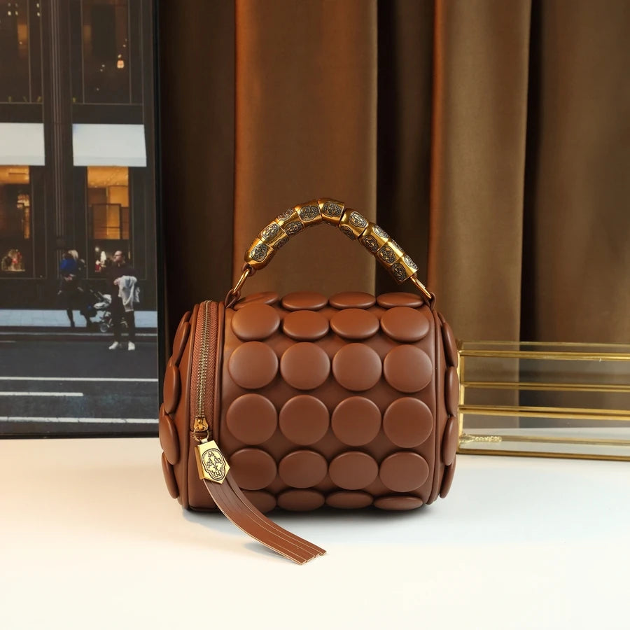 Brown Vintage Button Round Cylinder Handbag