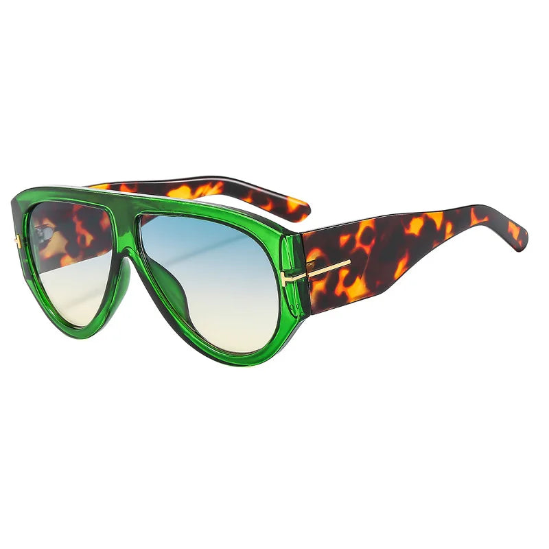 Vintage Female Retro Flat Top One Piece Sunglasses leopard/ green