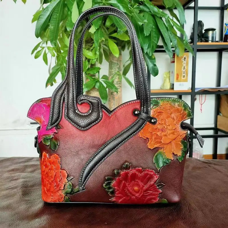Vintage Genuine Leather  Floral Tote Bags red