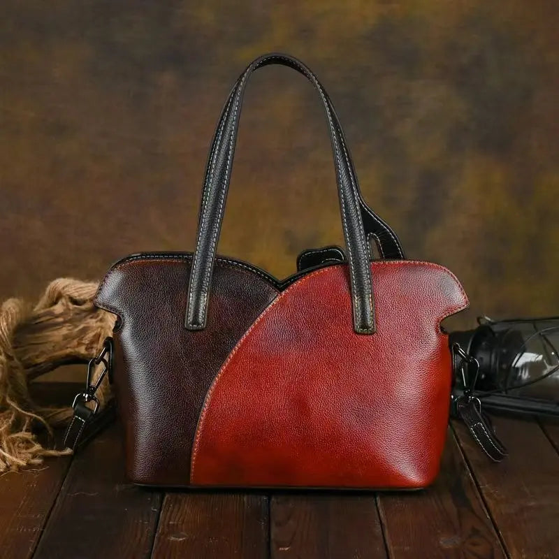 Vintage Genuine Leather  Floral Tote Bags red