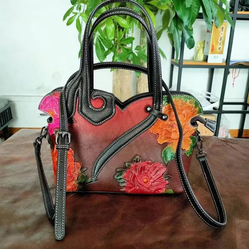 Vintage Genuine Leather  Floral Tote Bags red