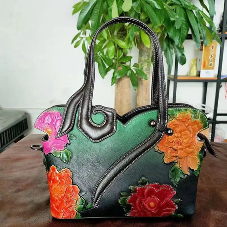 Vintage Genuine Leather  Floral Tote Bags green