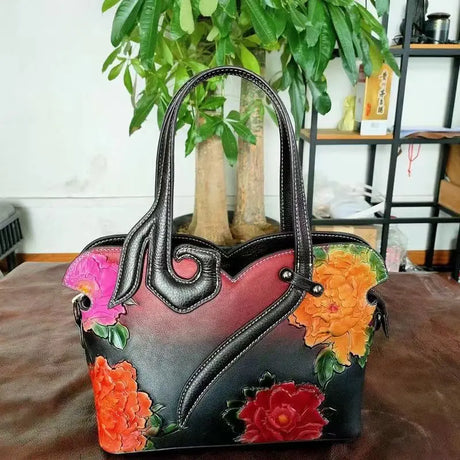 Vintage Genuine Leather  Floral Tote Bags purple