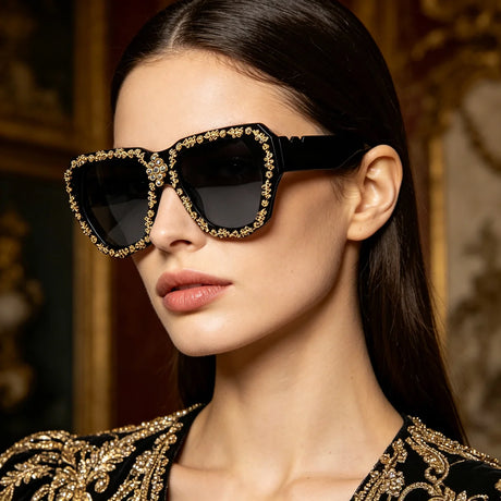 Model Using Vintage Gold Carved Rhinestone Sunglasses