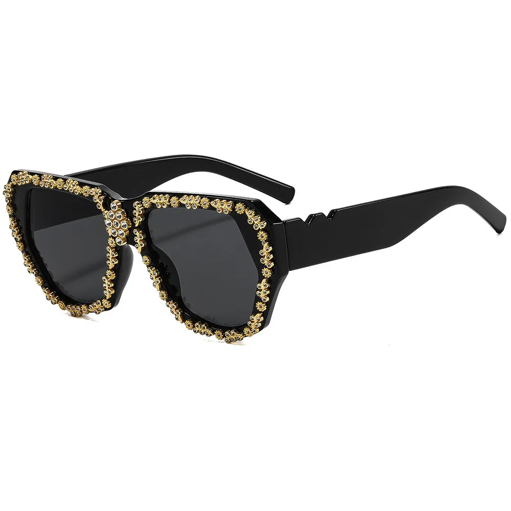 Black Vintage Gold Carved Rhinestone Sunglasses