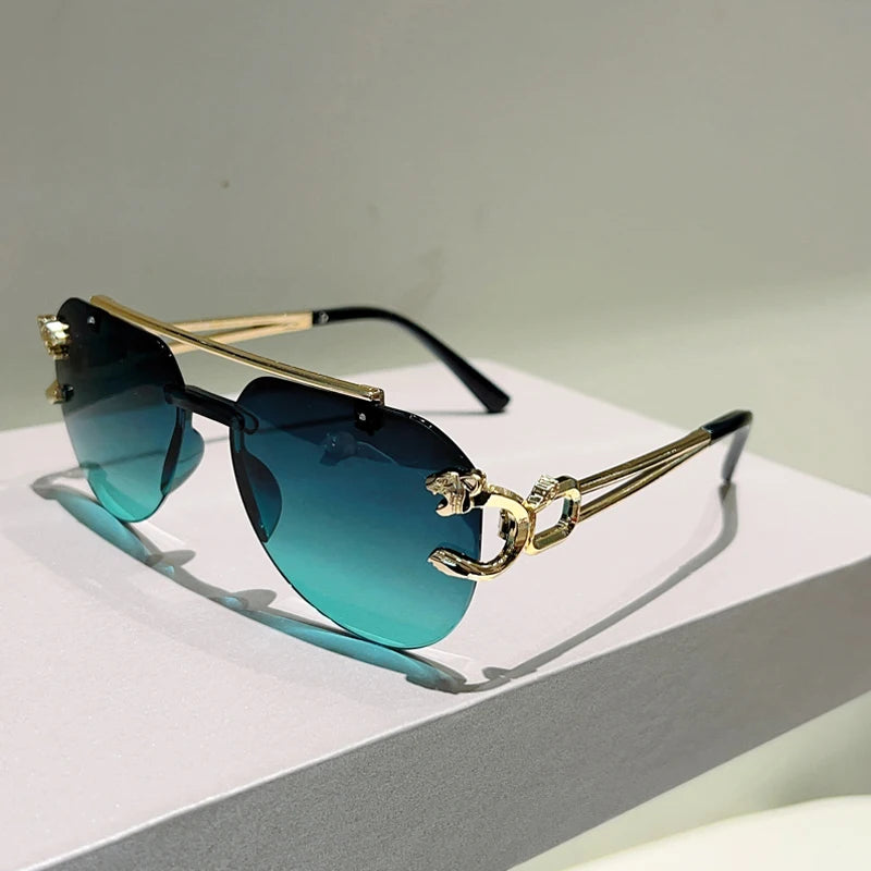 Blue Vintage Gradient Casual Rimless Pilot Sunglasses