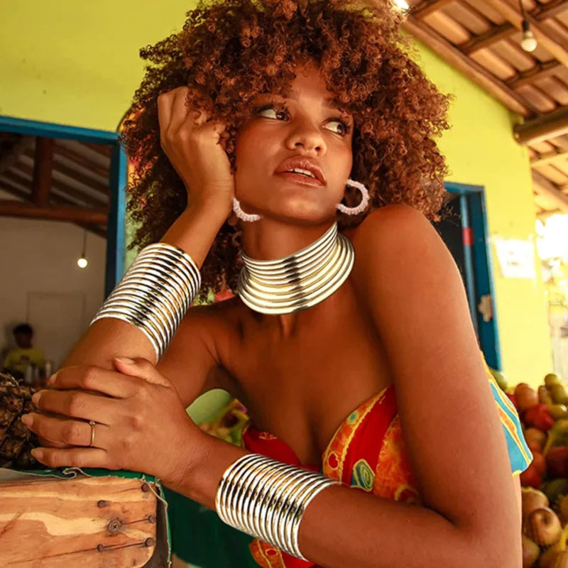 model using Vintage Leather Adjustable Torques Statement Jewelry Set