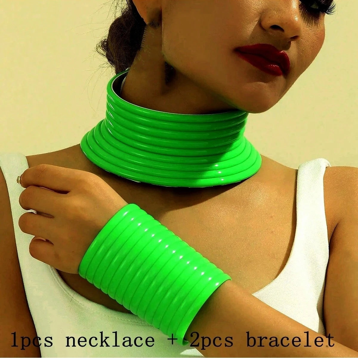 Vintage Leather Adjustable Torques Statement Jewelry Set green