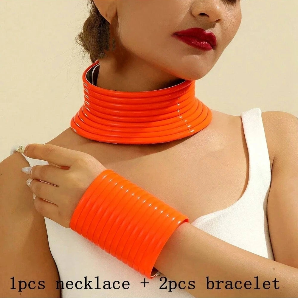 Vintage Leather Adjustable Torques Statement Jewelry Set orange
