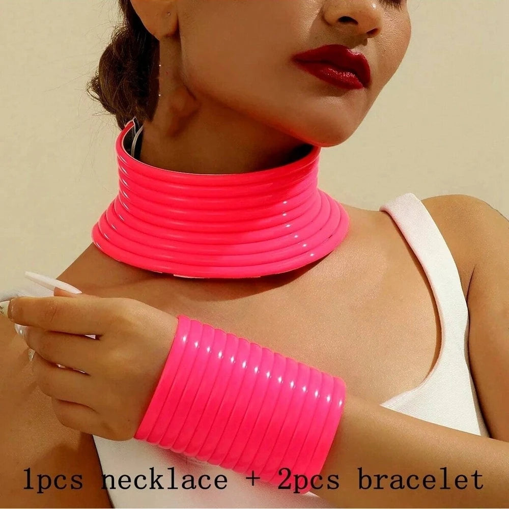 Vintage Leather Adjustable Torques Statement Jewelry Set pink