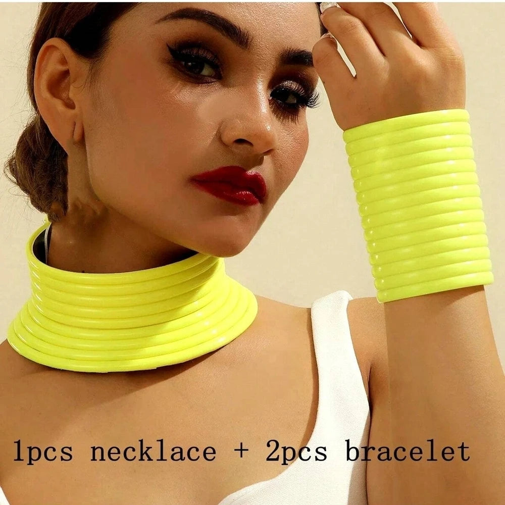 Vintage Leather Adjustable Torques Statement Jewelry Set yellow