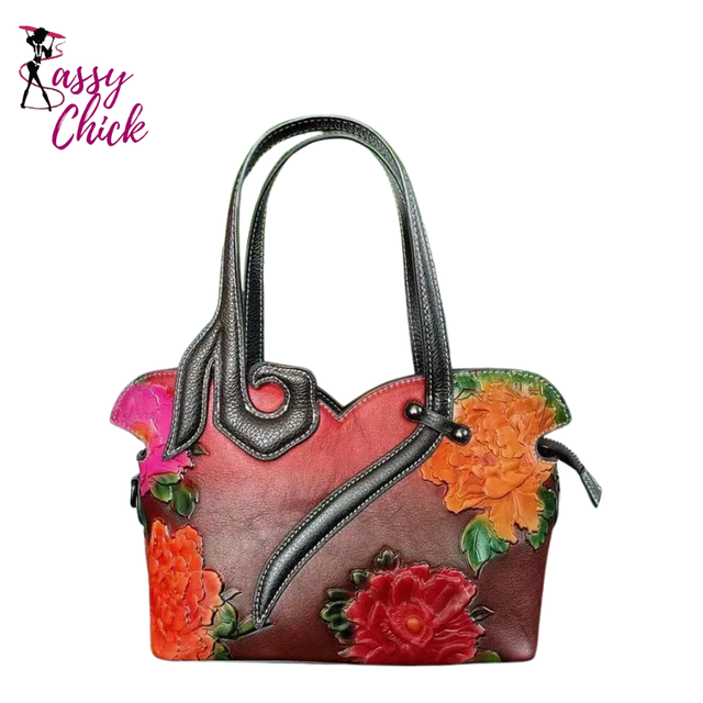 Vintage Leather Floral Handbag Sassy Chick Logo