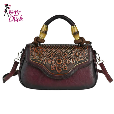 Vintage Leather Women's Handbag Bamboo Handle Sassy Chick Logo