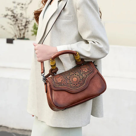 model using Vintage Leather Women's Handbag Bamboo Handle