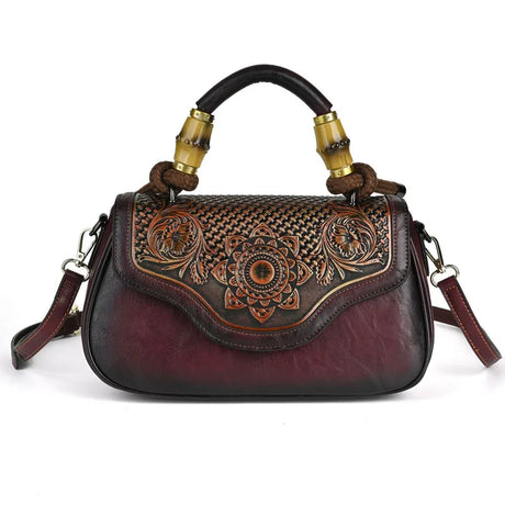 wine red Vintage Leather Women's Handbag Bamboo Handle