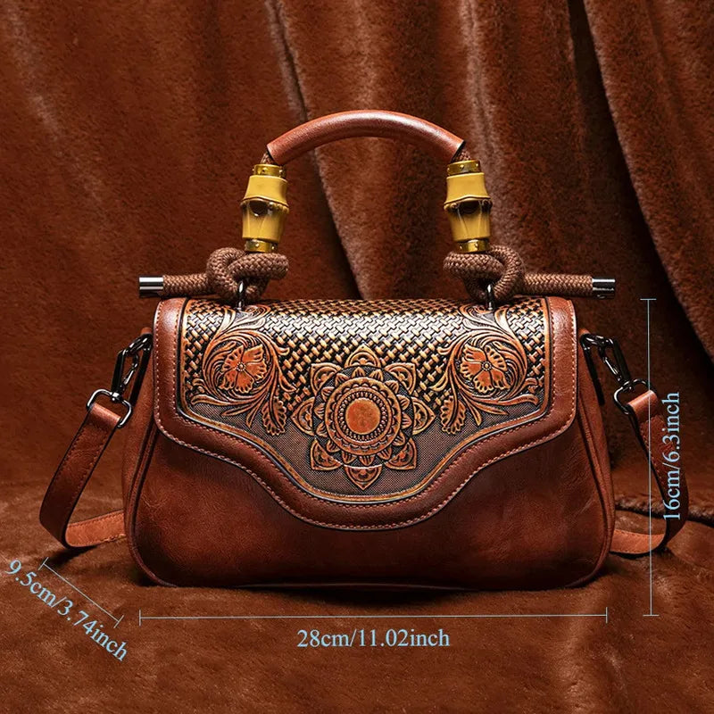 size Vintage Leather Women's Handbag Bamboo Handle