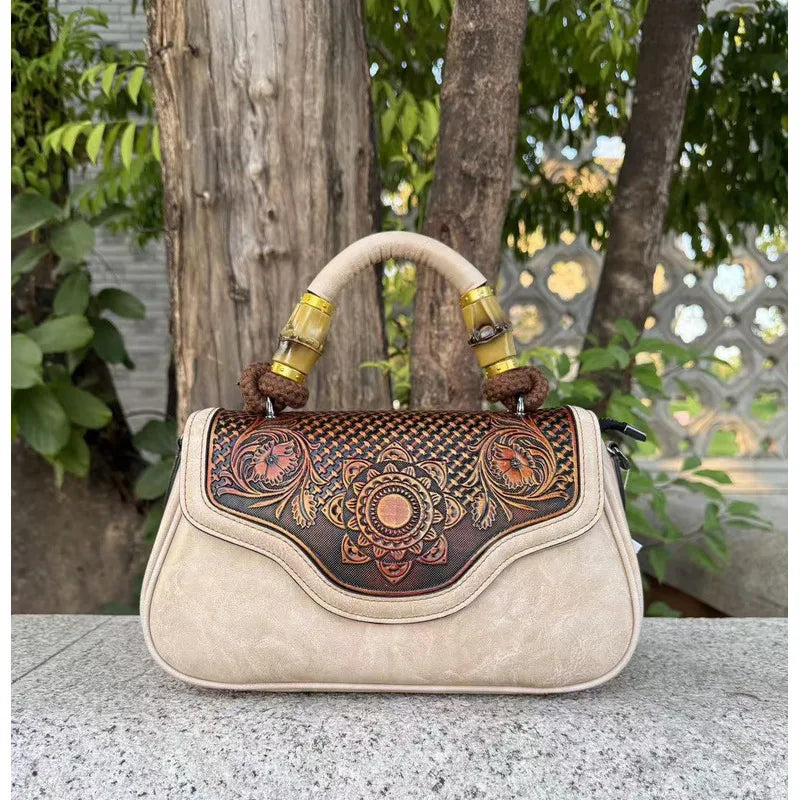white Vintage Leather Women's Handbag Bamboo Handle