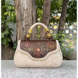 white Vintage Leather Women's Handbag Bamboo Handle
